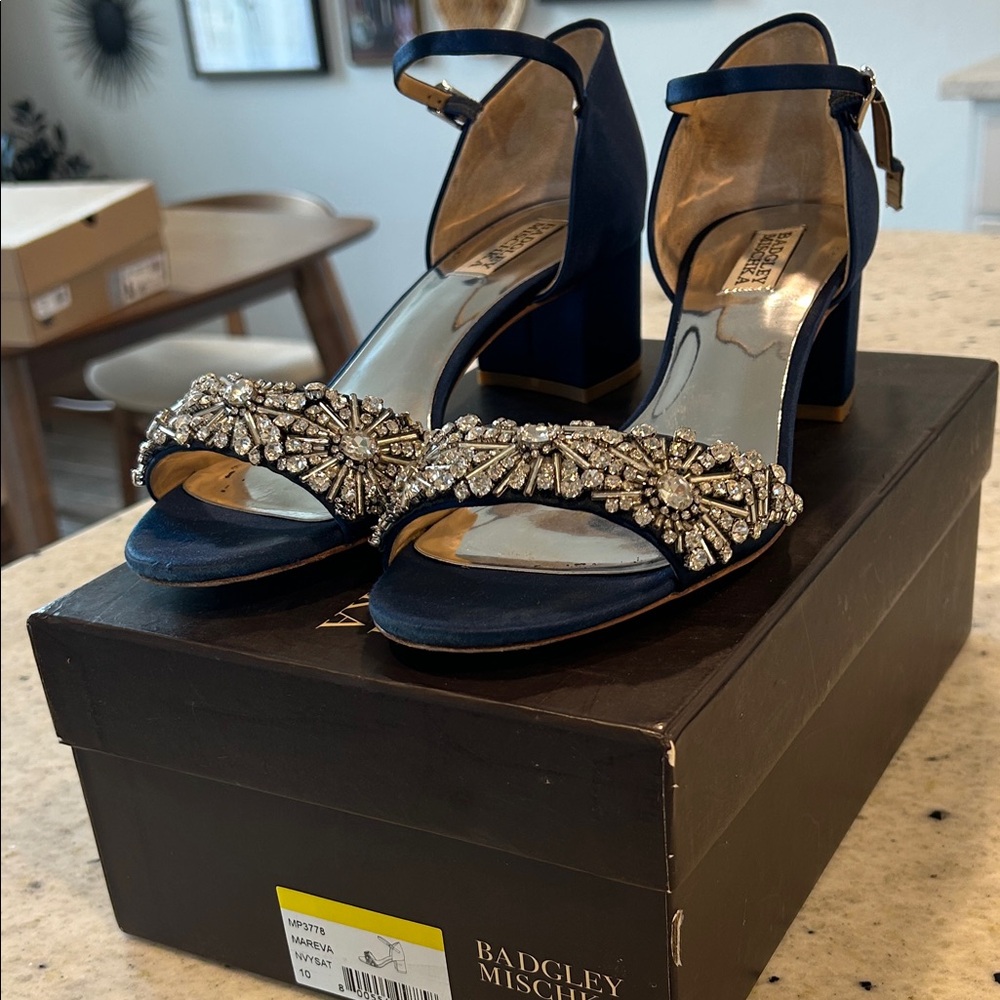 Badgley Mischka Navy Heels with Crystal Embellishments